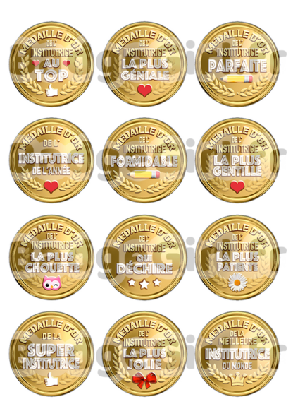 badge cabochon image imprimer gratuit instit institutrice au top qui déchire médaille d'or parfaite géniale chouette