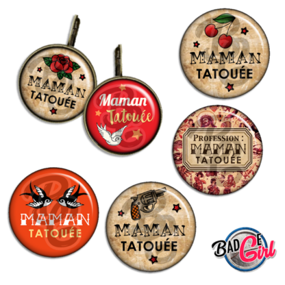 badge cabochon image imprimer gratuit maman mère mères mum mom tatoo tatouage tatoué tatouée  hirondelle rose gun pistolet profession rock