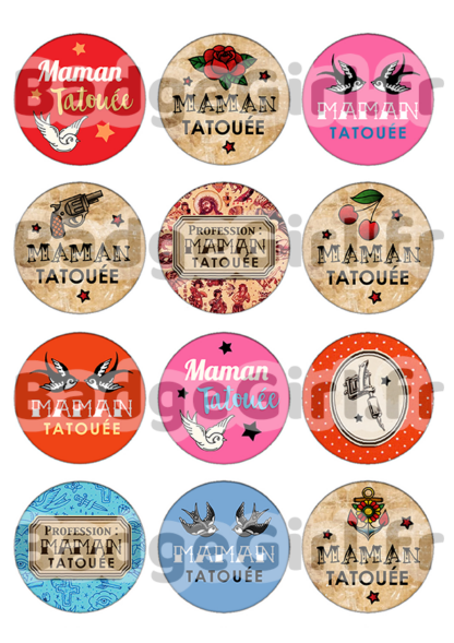 badge cabochon image imprimer gratuit maman mère mères mum mom tatoo tatouage tatoué tatouée  hirondelle rose gun pistolet profession rock